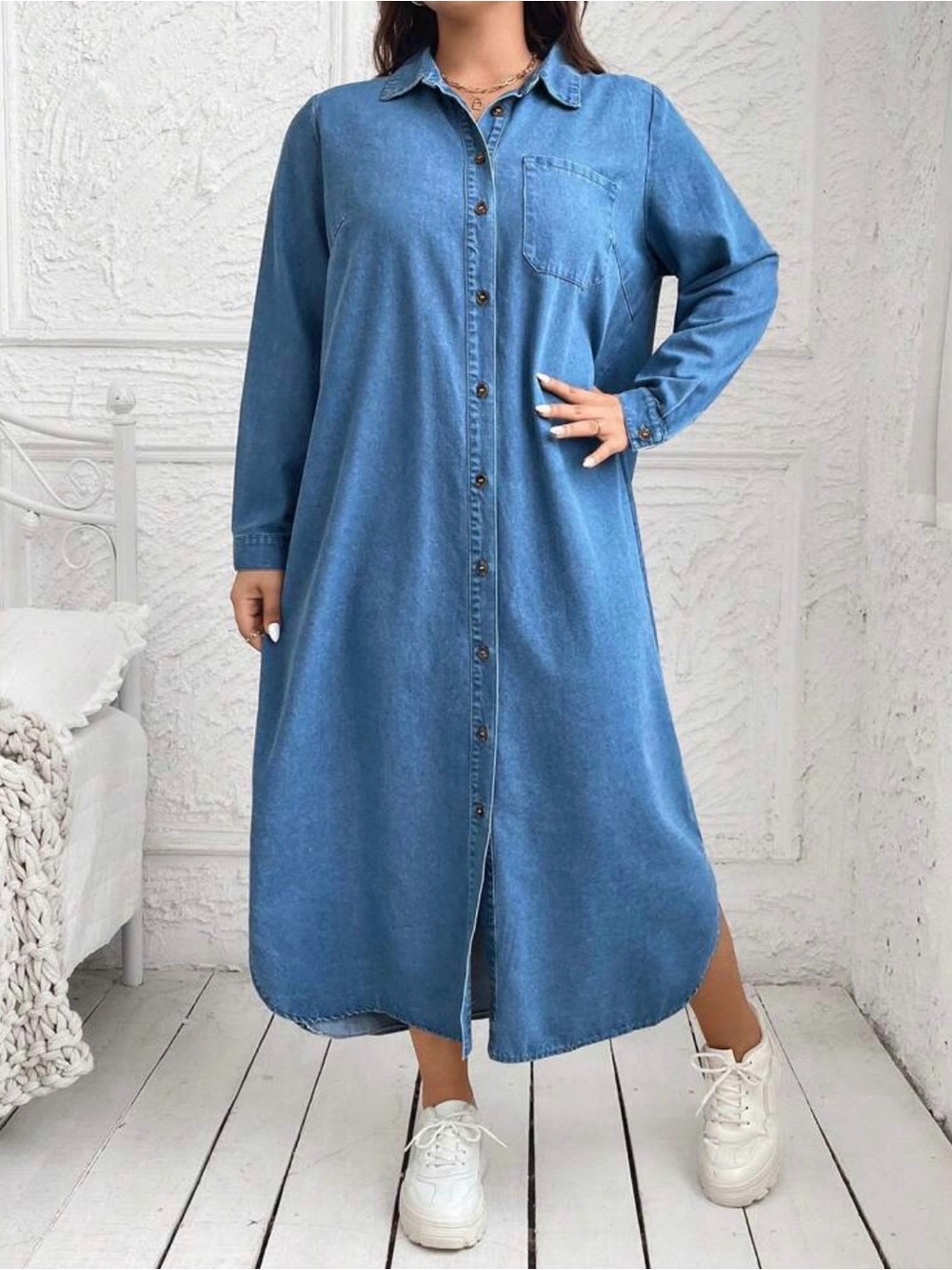 Blue Denim long sleeve Button-Front midi Shirt Dress
